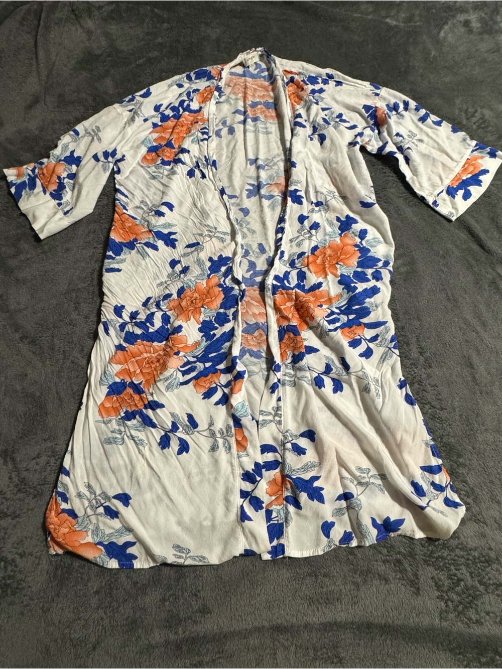 Umgee Usa Blue & White Floral Long Kimono Cardigan Cover Up Womens Medium